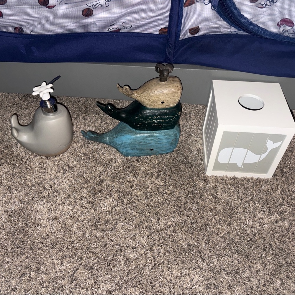 Whale Bathroom Decor Set - Gray, Teal, Navy tissue holder soap dispenser